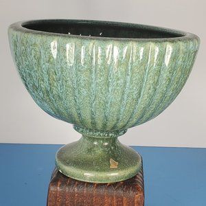 Vintage "Haeger" USA Pottery 6.25" Bowl Planter Pedestal Scalloped Green Teal